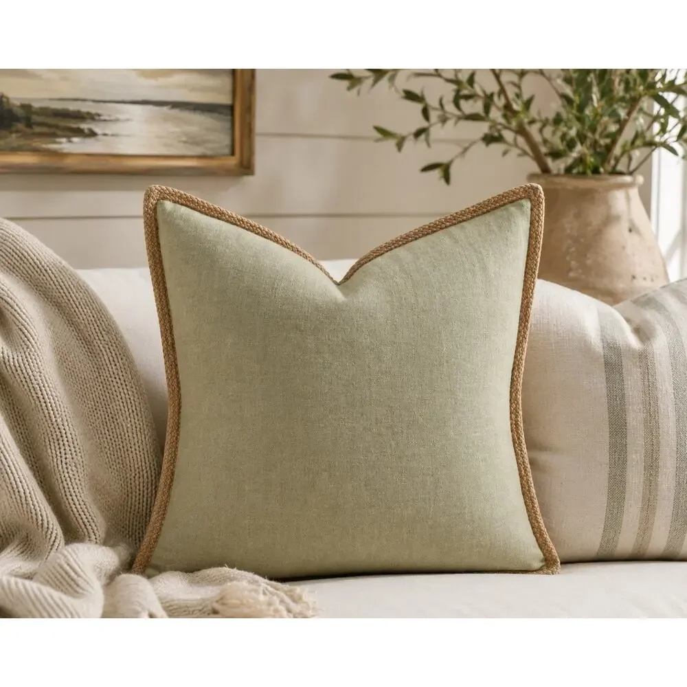 Pottery Barn Jute Braid Trim Linen Pillow Cover Sham Sage Green Square 20x20